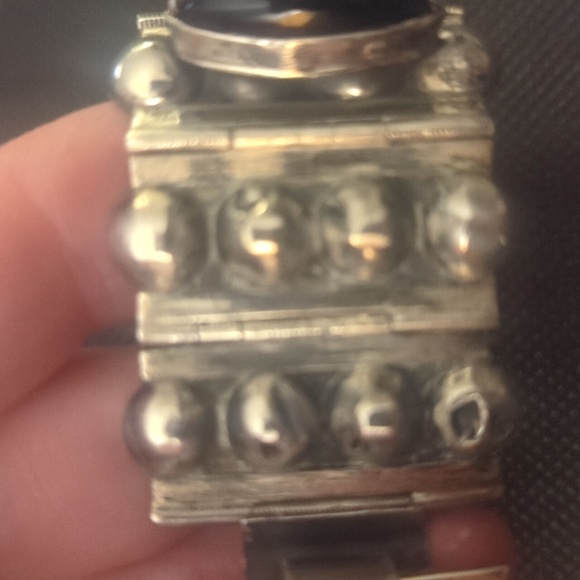 CHUNKY Vintage Mexican Sterling & Onyx Bracelet 1940s Brutalist - Picture 5 of 12